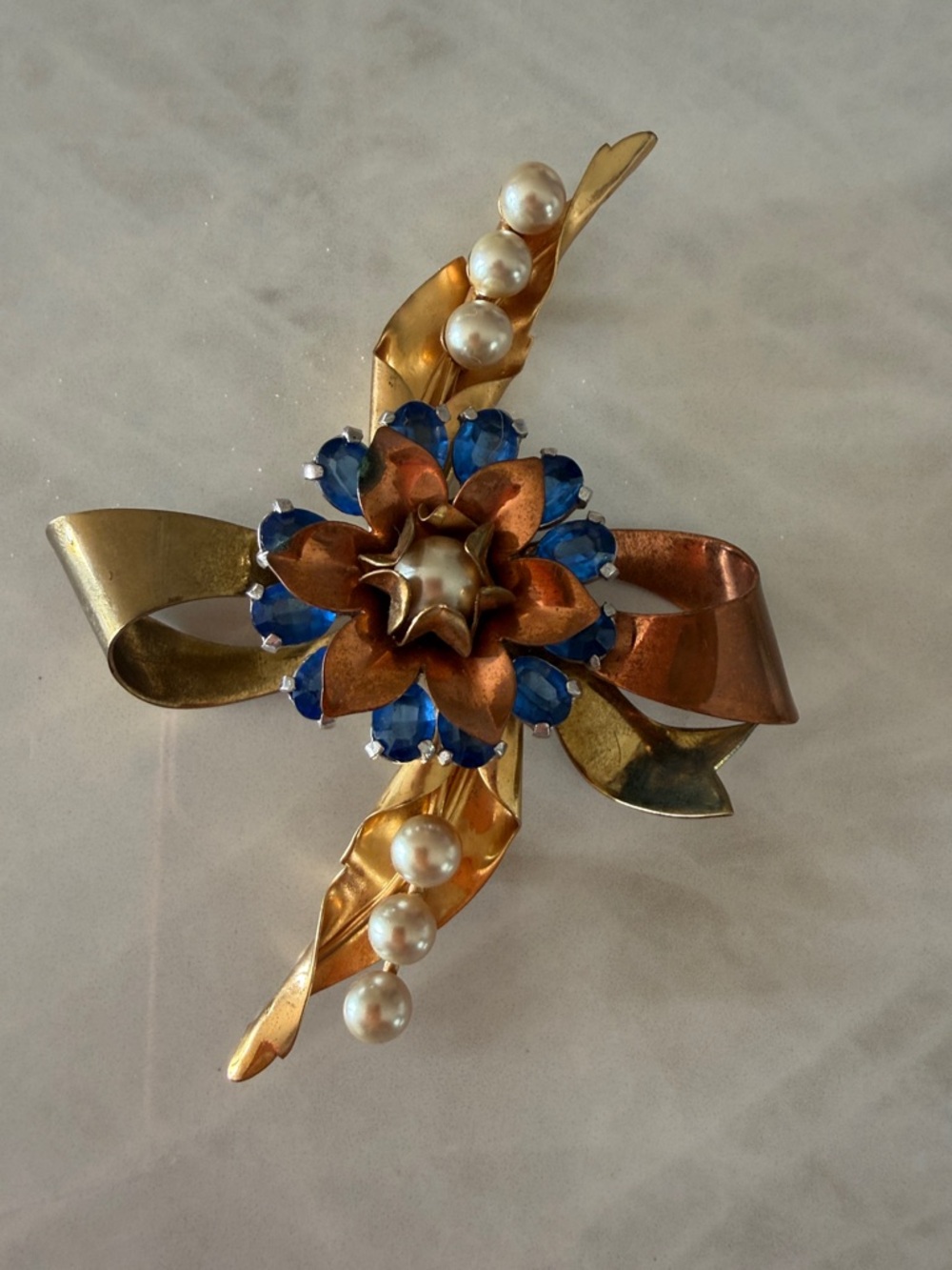 Vintage Gold and Blue Flower Brooch with Pearls - Women Jewelry
